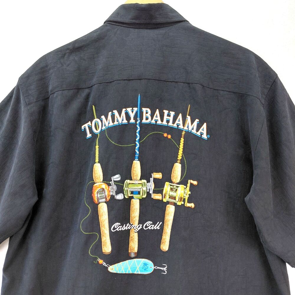 Tommy Bahama Hawaiian Silk Shirt Mens L Black Embroidered Fishing Rod Spellout